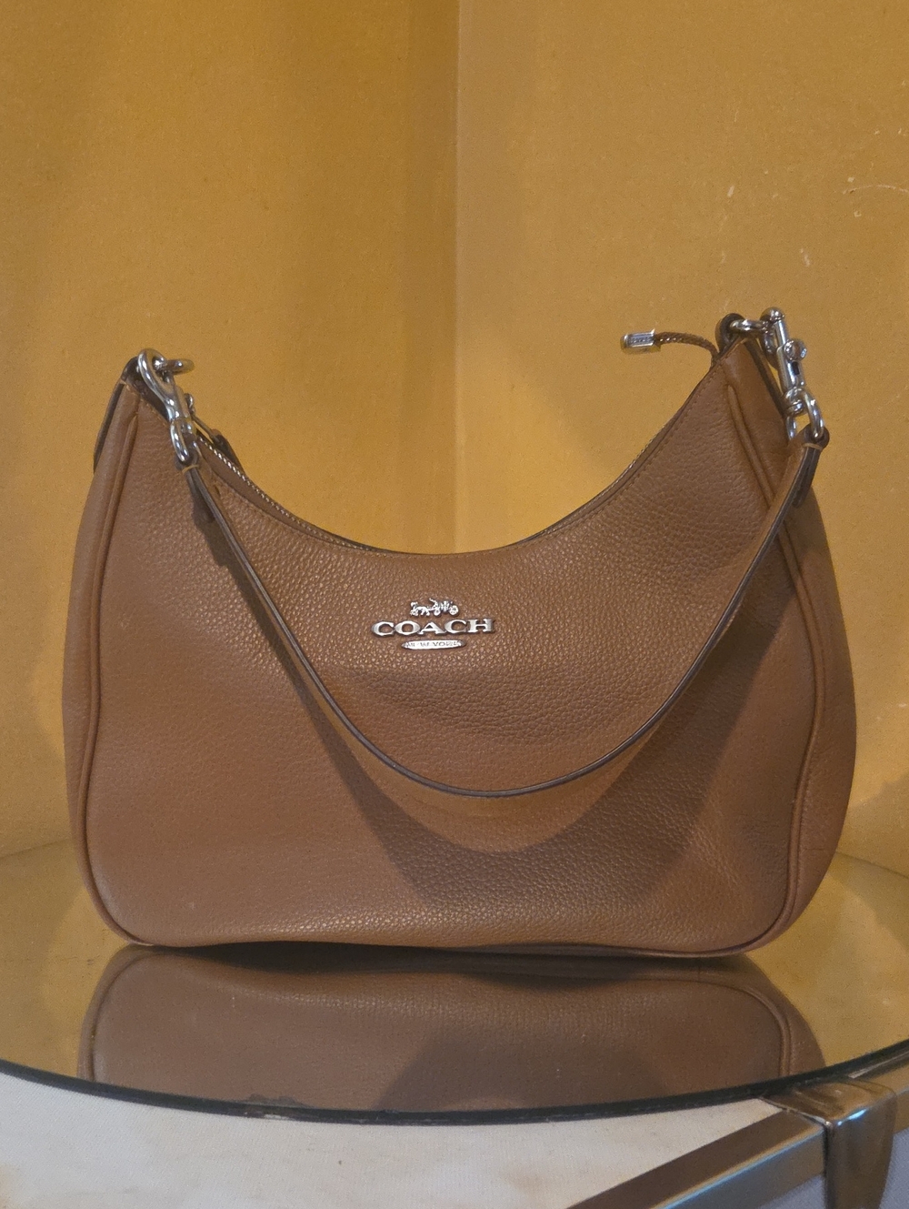 Coach Cognac Pebbled Leather Shoulder Bag with Silver Hardware